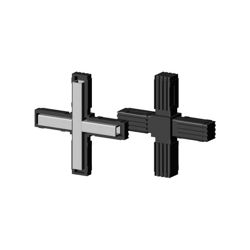 Kruiskoppeling (2 assen, 4 ingangen) – voor profiel 20x20x1,5 mm met metalen kern - zwart (Klemp) - Kunststof verbindingsstukken voor vierkante profielen