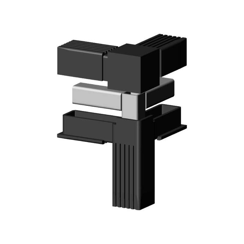 Connecteur en T d’angle (3 axes, 3 emplacements) – pour profil 20x20x1,5 mm avec noyau métallique - noir (Klemp) - Connecteurs en plastique pour profils carrés