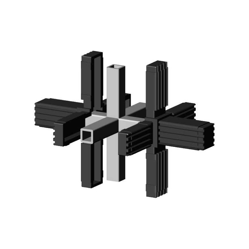 Giunto a croce (3 assi, 6 ingressi) – per profilo 20x20x1,5 mm con anima in metallo - nero (Klemp) - Giunti in plastica per profili quadrati Giunto a croce (3 assi, 6 ingressi) – per profilo 20x20x1,5 mm con anima in metallo - nero (Klemp) - Giunti in plastica per profili quadrati