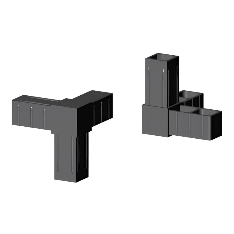 Hoekig T-stuk (3 assen, 3 ingangen) – voor buis 25x25x2 mm - zwart (Klemp) - Kunststof verbindingsstukken voor vierkante profielen